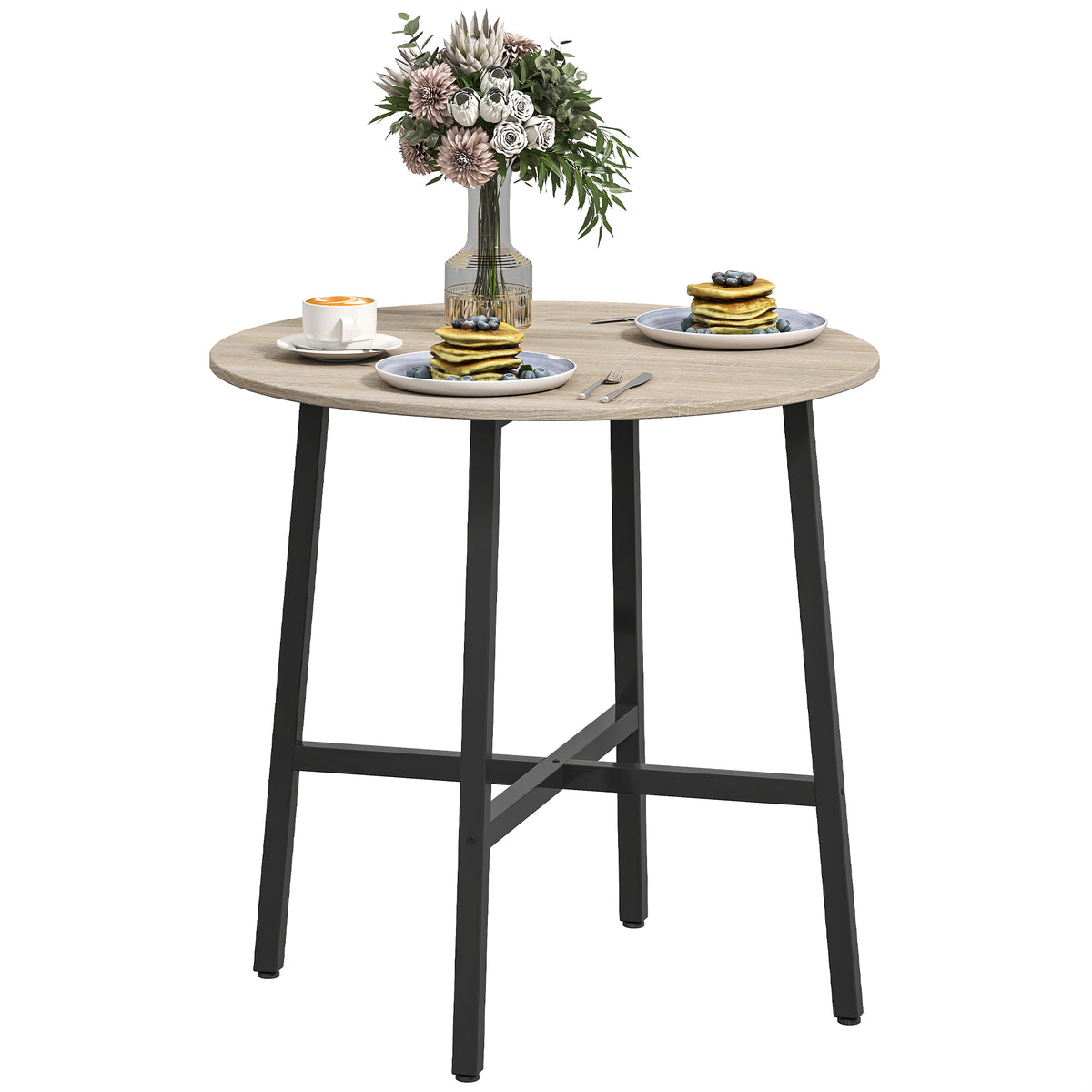HOMCOM Runder Esstisch 80 cm für 2 Personen mit Holzoptikplatte und gekreuztem Stahlgestell, Naturholz