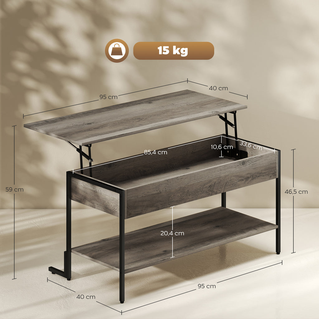 HOMCOM Couchtisch mit höhenverstellbarer Platte, Wohnzimmertisch mit verstecktem Fach und offenem Regal, 95x40x59cm, grau