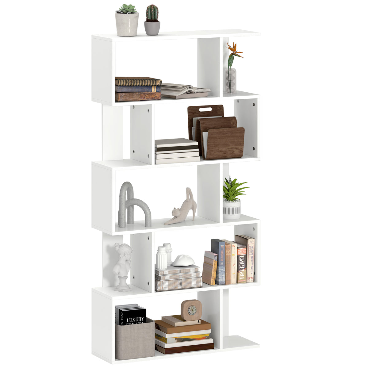 HOMCOM Asymmetrisches Regal in S-Form mit 5 Ebenen und 10 offenen Regalen, aus Holz, 80x24x159 cm, Weiß