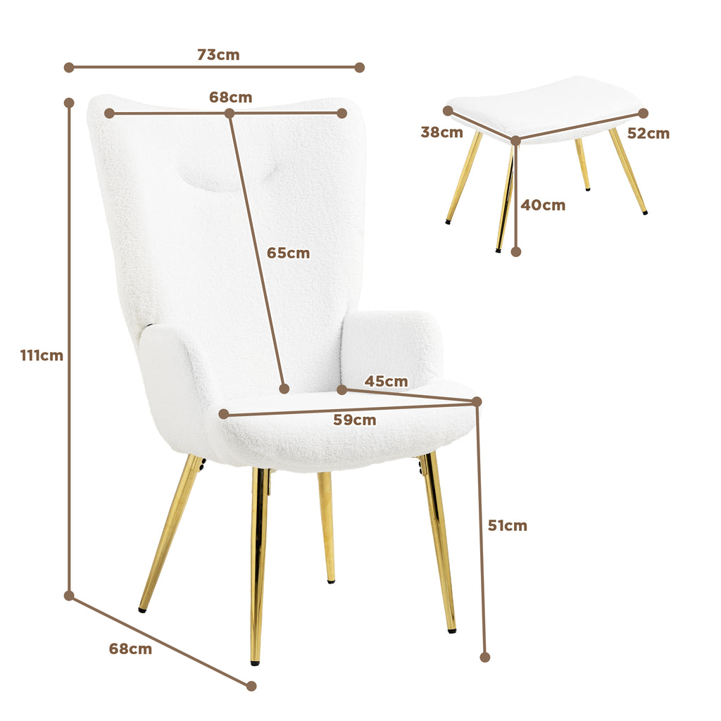 HOMCOM Ohrensessel mit Hocker, hohe Lehne, Sherpa-Bezug, vergoldete Metallbeine, bis 120 kg, Weiß