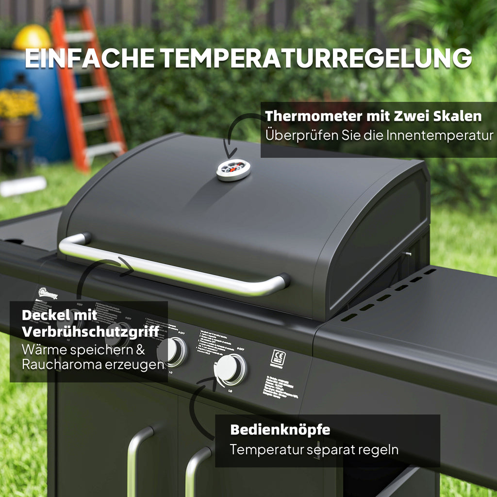 Outsunny Gasgrill 15,2 KW Grillwagen inkl 5 Edelstahl-Brenner Rolle Seitenkocher 129,5 x 56 x 110 cm Schwarz