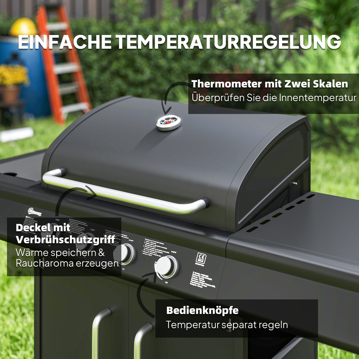 Outsunny Gasgrill 15,2 KW Grillwagen inkl 5 Edelstahl-Brenner Rolle Seitenkocher 129,5 x 56 x 110 cm Schwarz