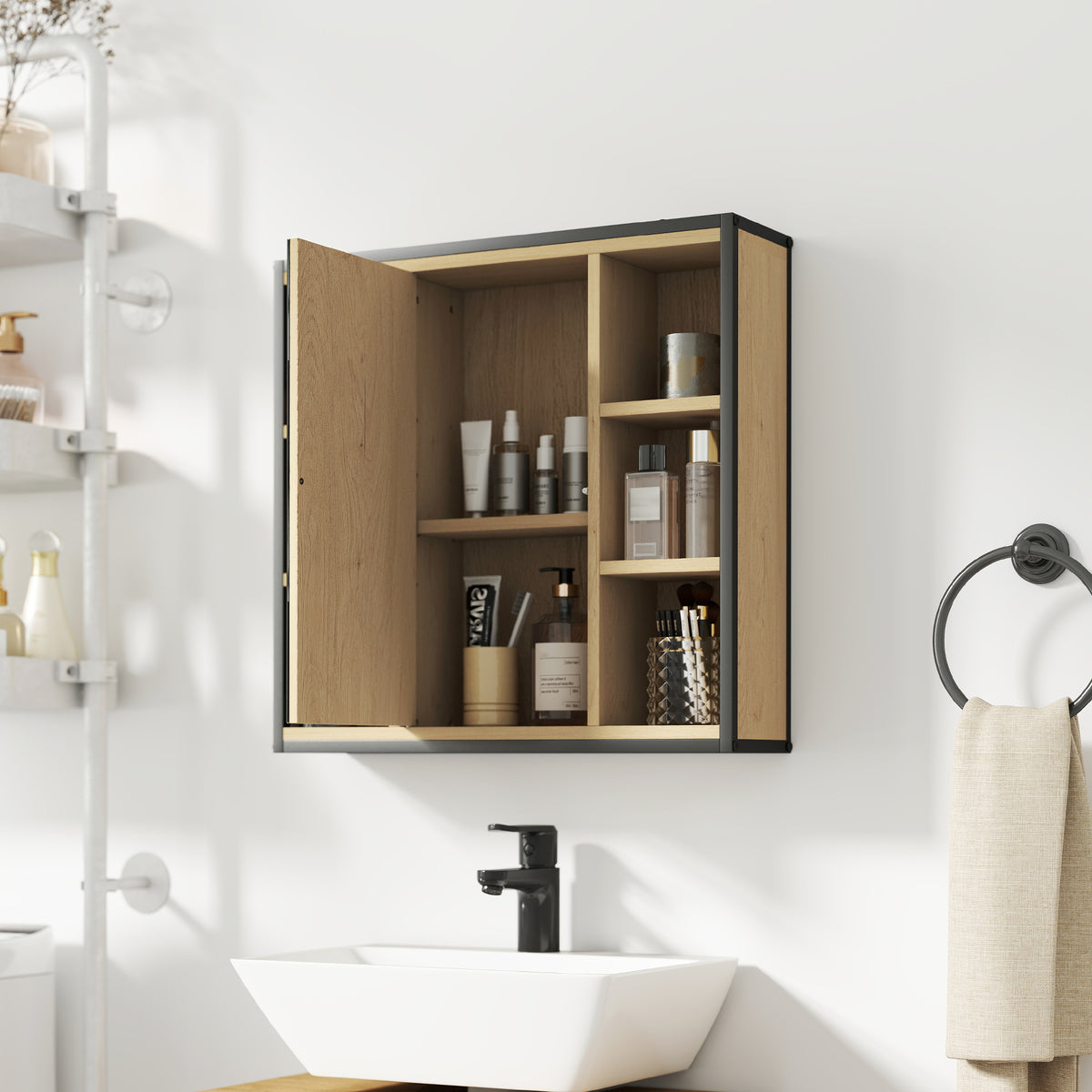 HOMCOM Wandspiegelschrank Badezimmer mit Spiegel, 52 x 24,5 cm mit 6 offenen Fächern und verstellbarem Regal, Eiche