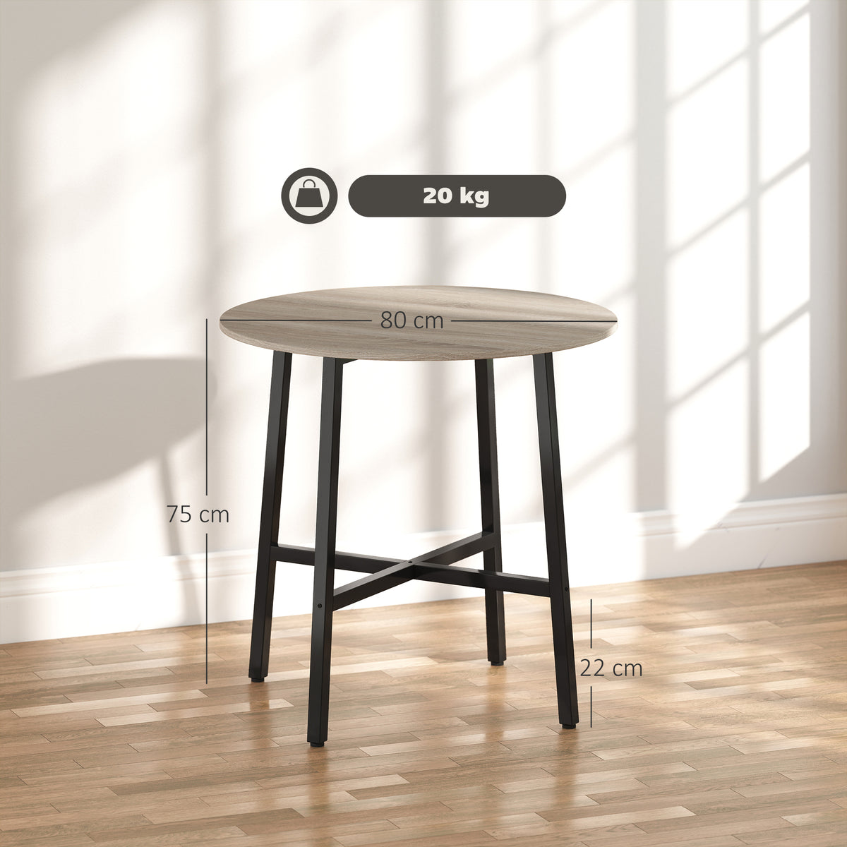 HOMCOM Runder Esstisch 80 cm für 2 Personen mit Holzoptikplatte und gekreuztem Stahlgestell, Naturholz