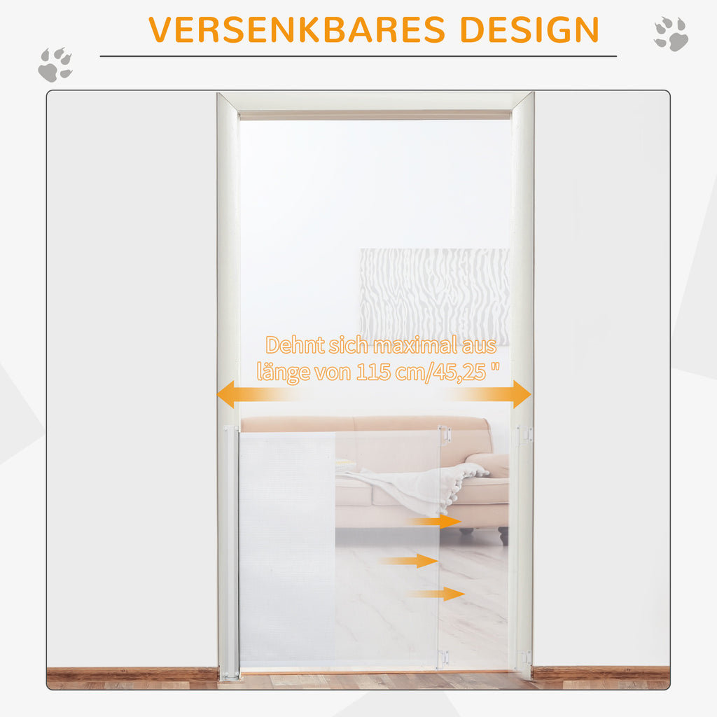 PawHut Treppenschutzgitter 115 cm Hunde Türschutzgitter Treppenschutz Sicherheitstrennwand Trennwand Türschutz ausziehbar treppenschutzrollo Rollo Einrollbar kunststoff Weiß