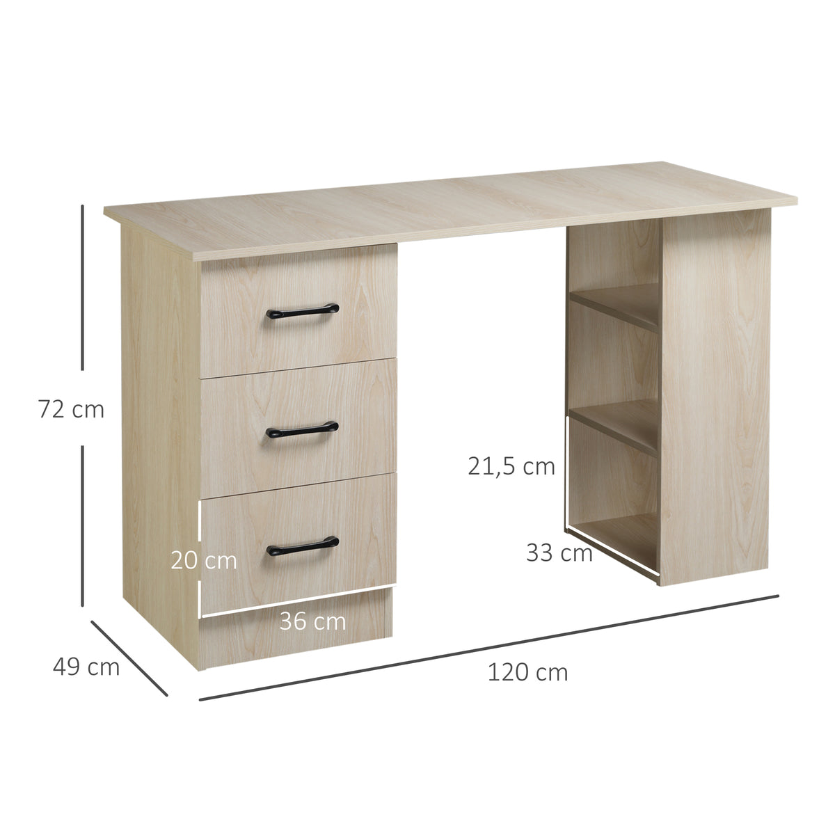 HOMCOM Schreibtisch Computertisch Bürotisch Arbeitstisch Regal mit 3 Schubladen Regale Natur 120 x 49 x 72 cm
