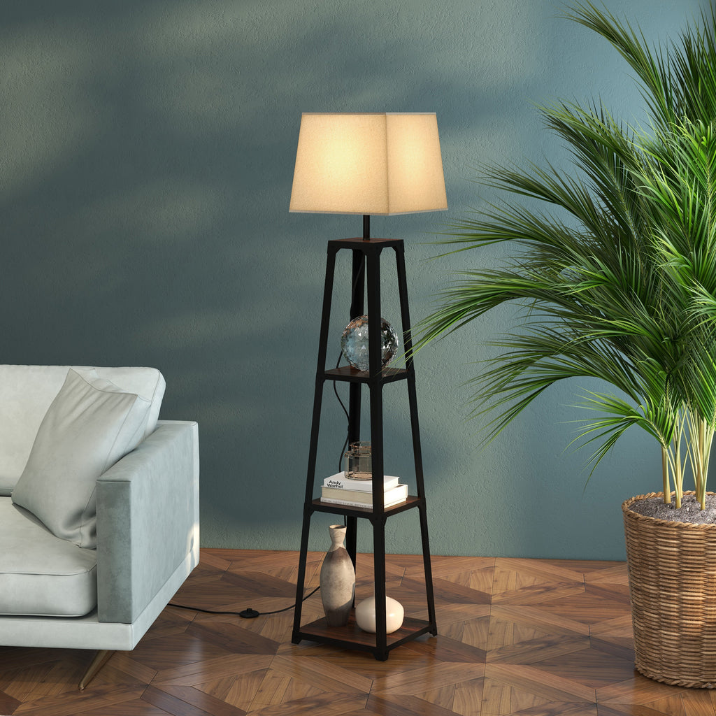 HOMCOM Stehlampe aus Metall und MDF mit 3 Regalen und Stofflampenschirm, Ø42x166 cm, Schwarz und Beige