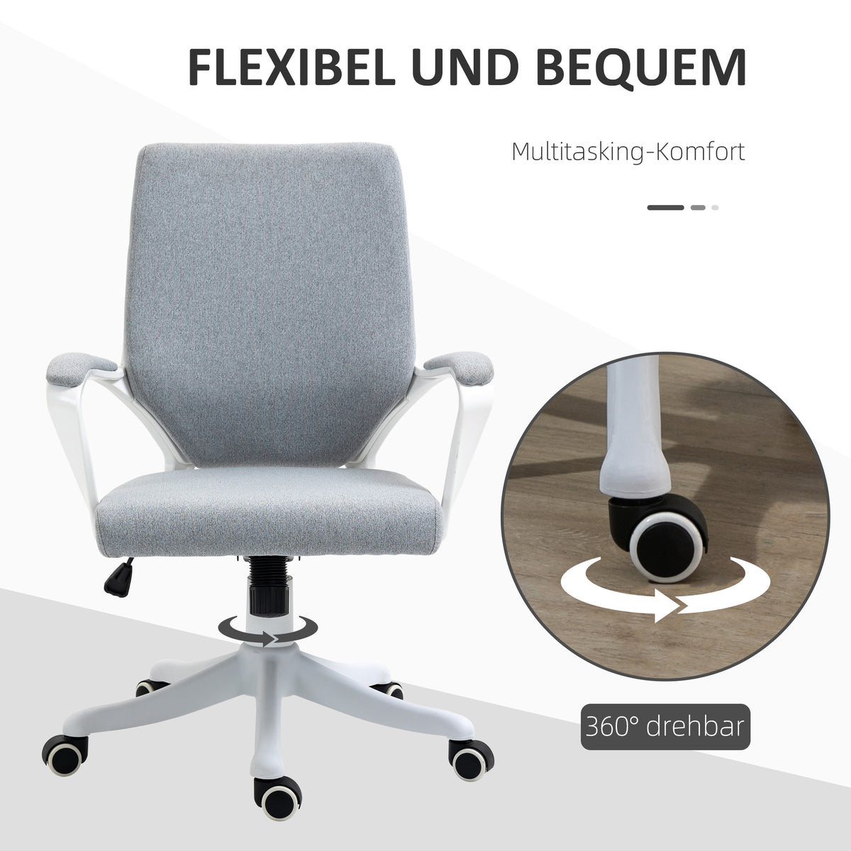 Vinsetto Bürostuhl Computerstuhl, höhenverstellbar, neigbare Rückenlehne, 5 Rollen, Grau + Weiß