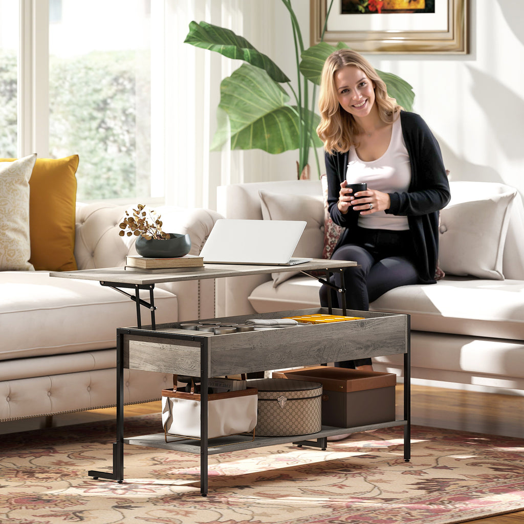 HOMCOM Couchtisch mit höhenverstellbarer Platte, Wohnzimmertisch mit verstecktem Fach und offenem Regal, 95x40x59cm, grau