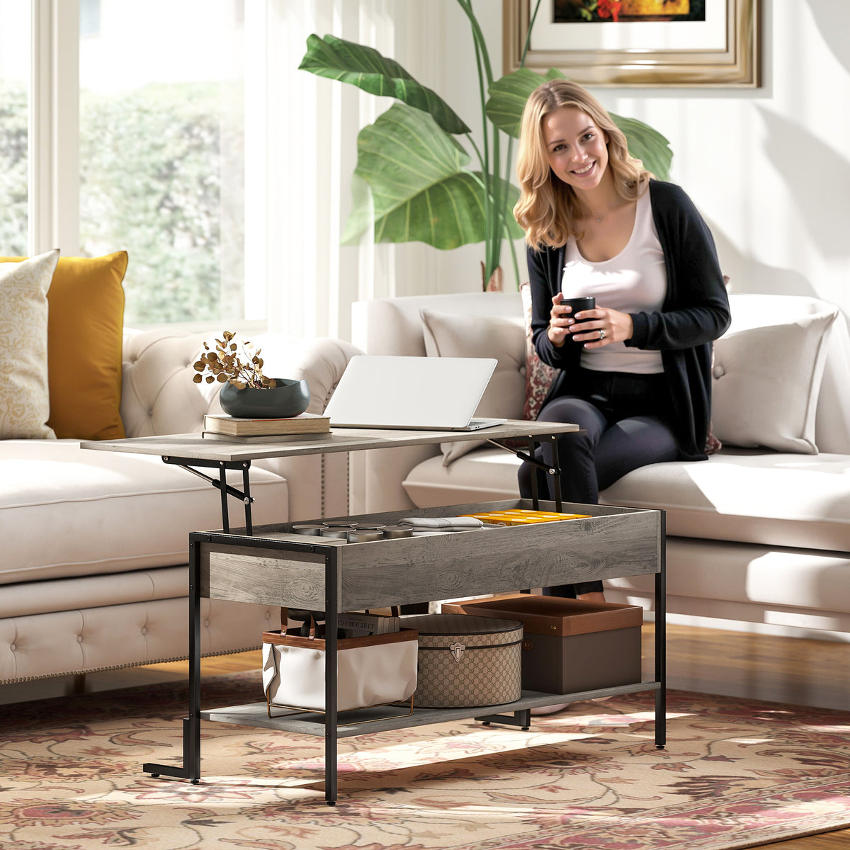 HOMCOM Couchtisch mit höhenverstellbarer Platte, Wohnzimmertisch mit verstecktem Fach und offenem Regal, 95x40x59cm, grau