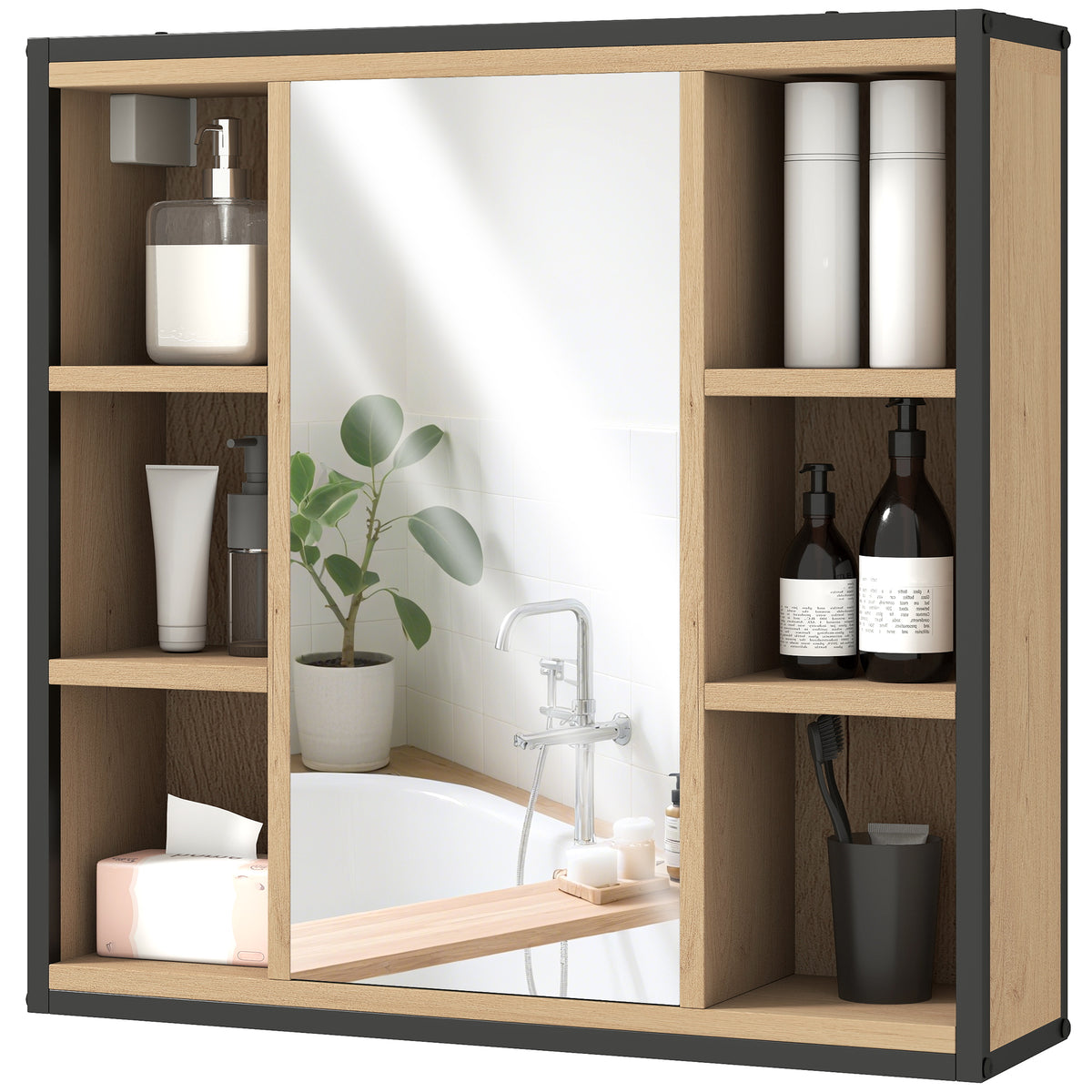 HOMCOM Wandspiegelschrank Badezimmer mit Spiegel, 52 x 24,5 cm mit 6 offenen Fächern und verstellbarem Regal, Eiche
