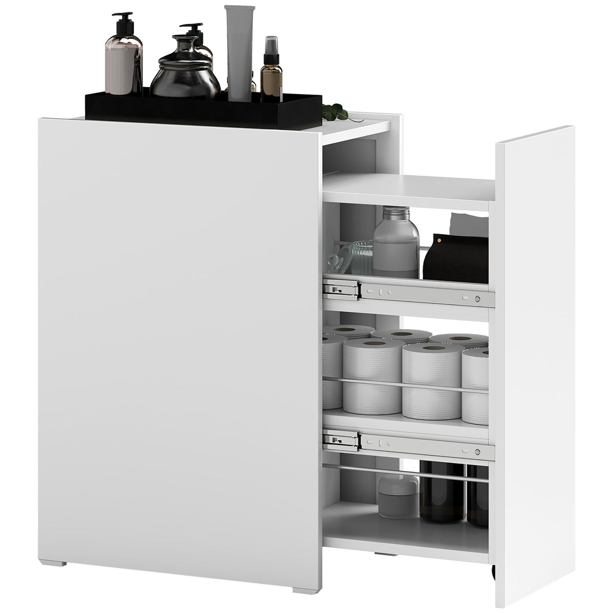 HOMCOM Kompakter und schmaler Badezimmerschrank mit Schublade auf Rollen, 3 Fächer, 47 x 30 x 66,5 cm, weiß