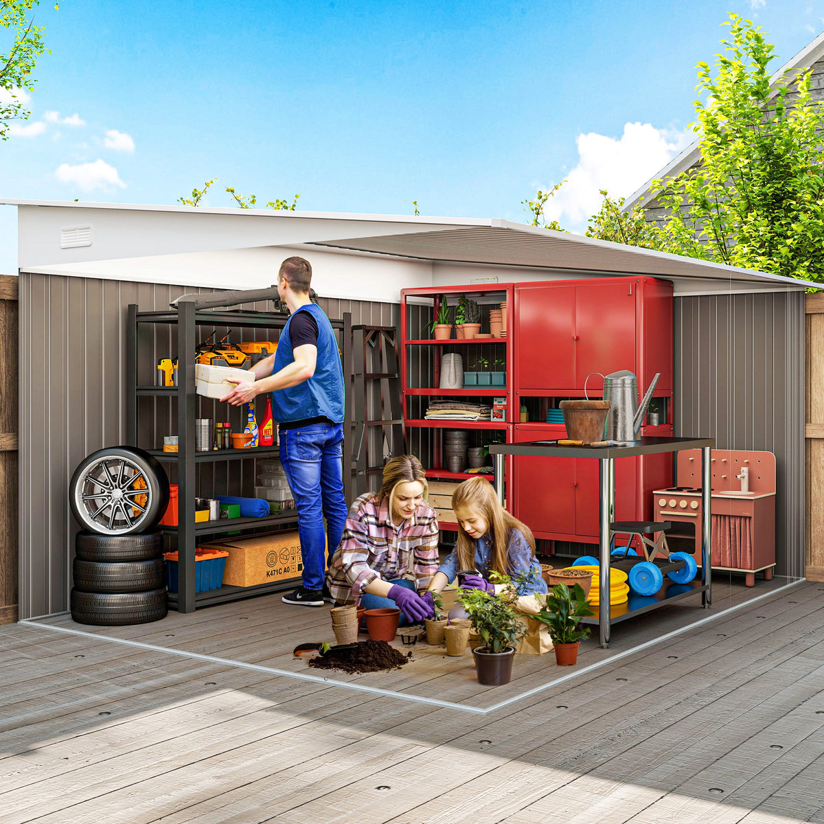 Outsunny Metall-Geräteschuppen Schrägdach verriegelbare Doppeltür 2,8 x 3,45 x 2,01m Grau