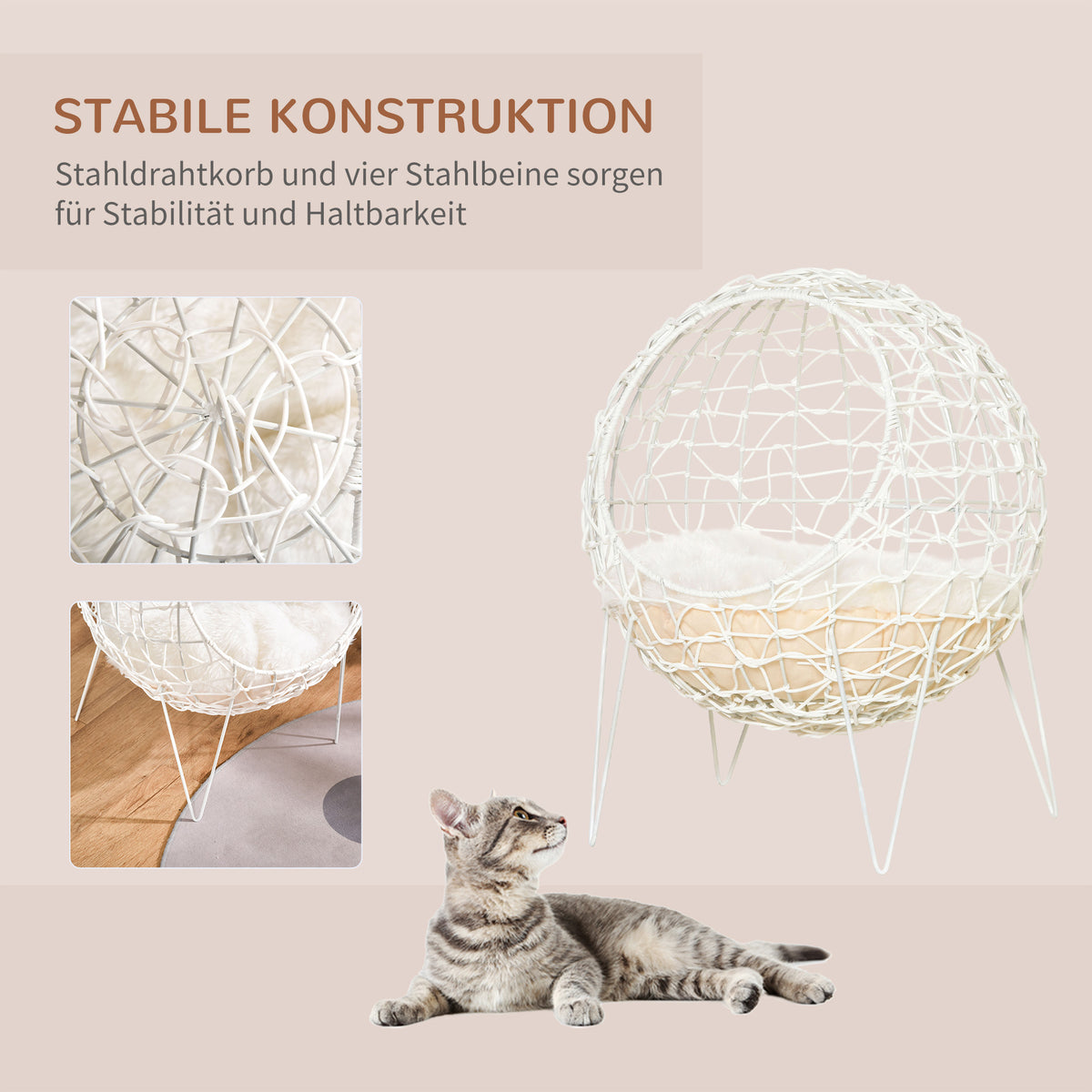 Pawhut Rattan Katzenkorb Katzenhöhle Katzenhütte Katzenbett mit Kissen erhöhtes Design Haustierbett Cremeweiß Ø45 x 57H cm
