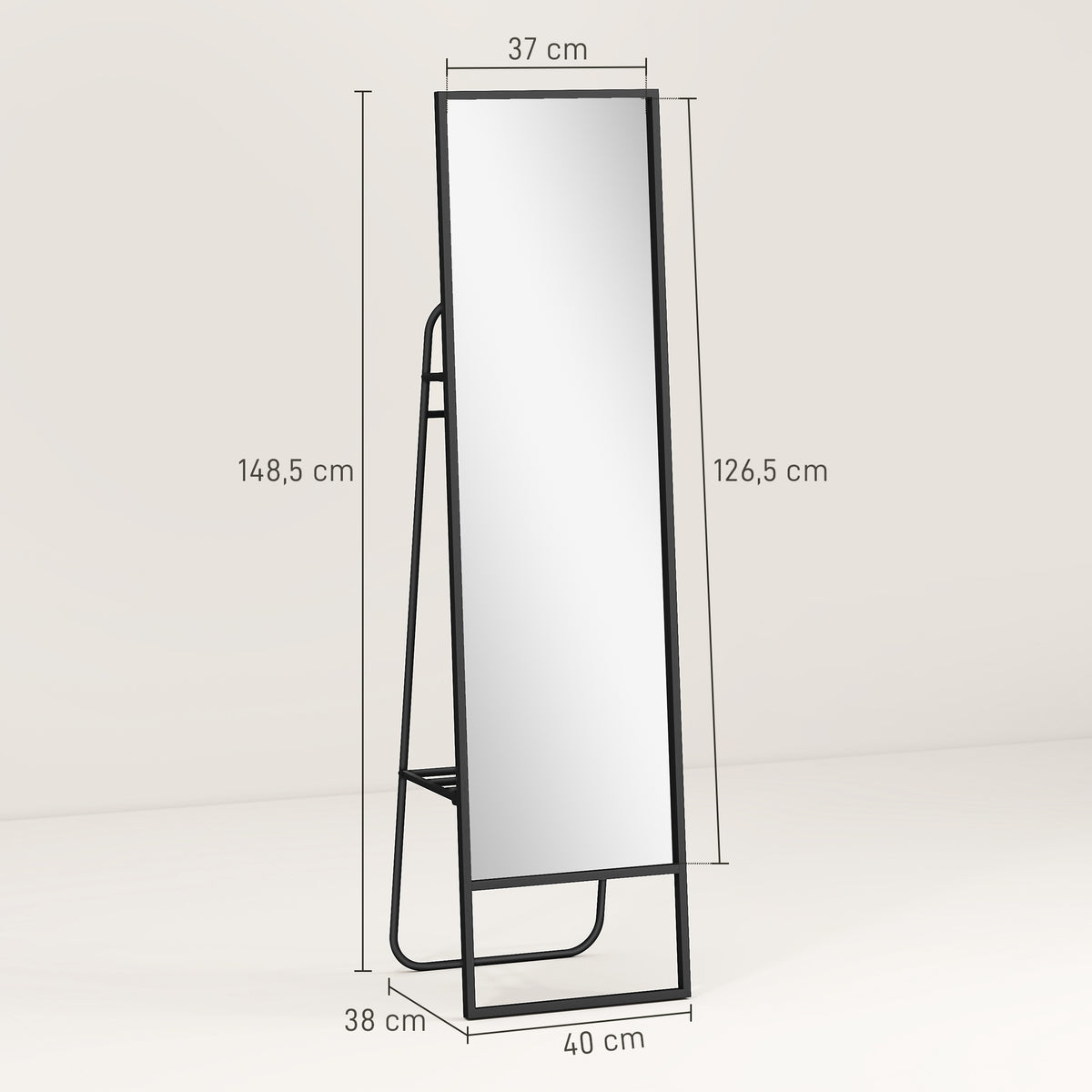 HOMCOM Standspiegel 148,5 x 40 cm rechteckig mit hinterem Regal, 2 Haken und Metallrahmen, Schwarz