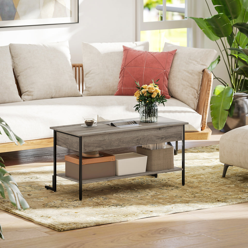 HOMCOM Couchtisch mit höhenverstellbarer Platte, Wohnzimmertisch mit verstecktem Fach und offenem Regal, 95x40x59cm, grau