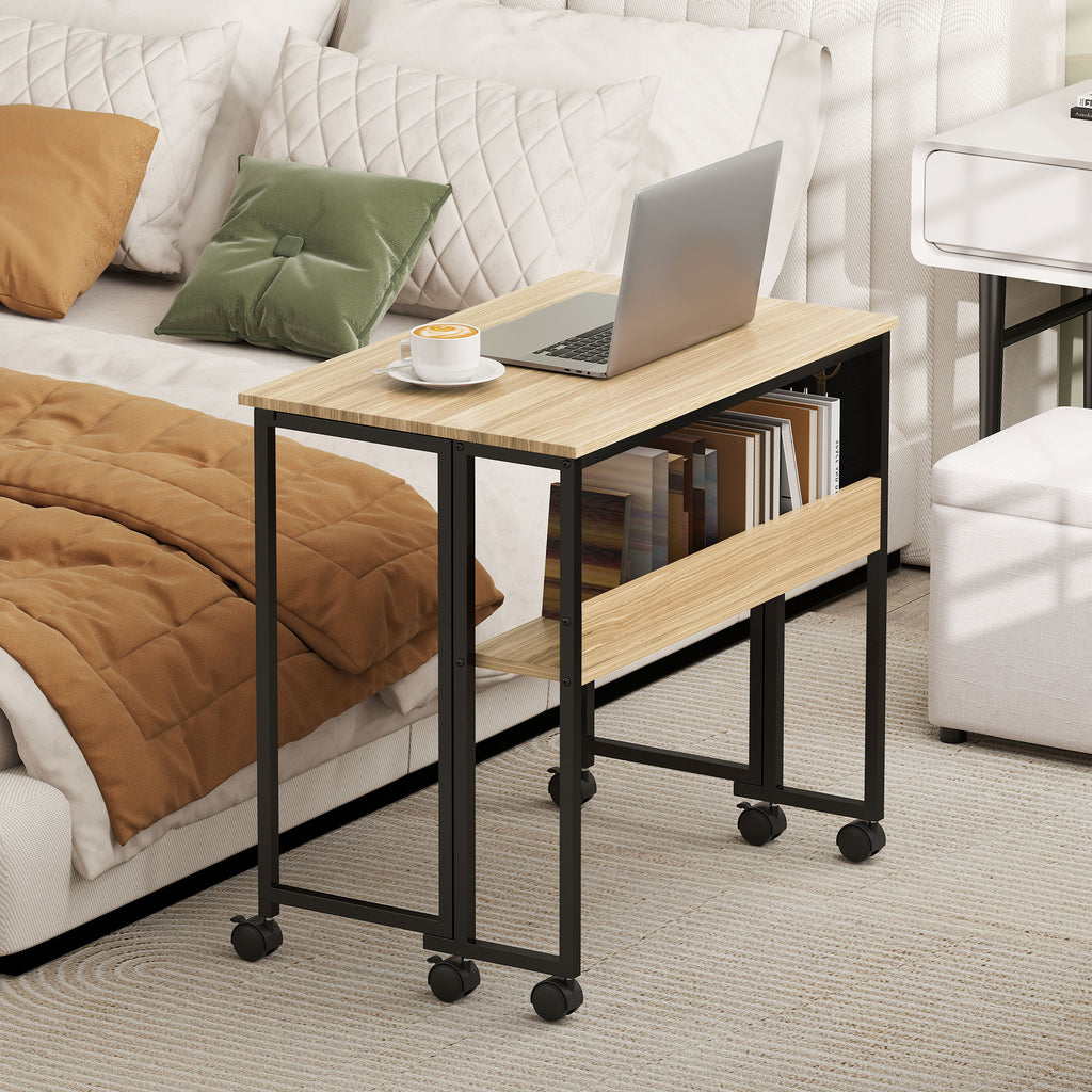 HOMCOM Klappbarer Schreibtisch auf Rollen 80 x 50 cm mit Regal und Aufbewahrungstasche, Eiche
