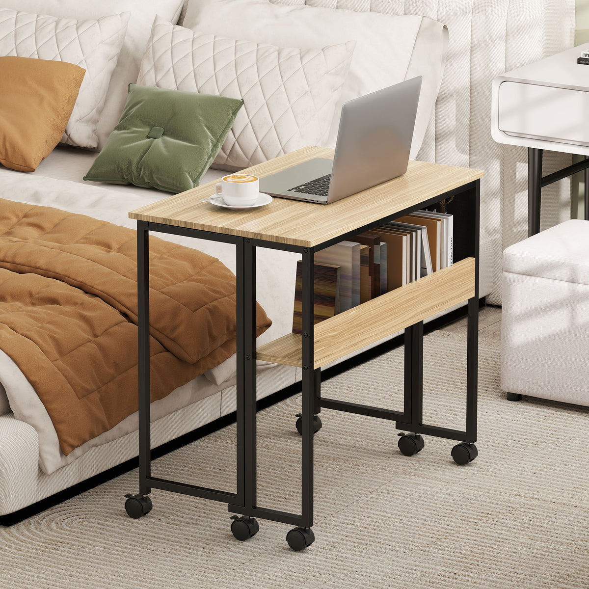 HOMCOM Klappbarer Schreibtisch auf Rollen 80 x 50 cm mit Regal und Aufbewahrungstasche, Eiche