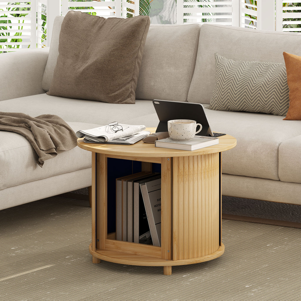 HOMCOM Beistelltisch, rund, mit Stauraum, Schiebetür, Bambus, Ф60 x 45 cm, bis 20 kg belastbar