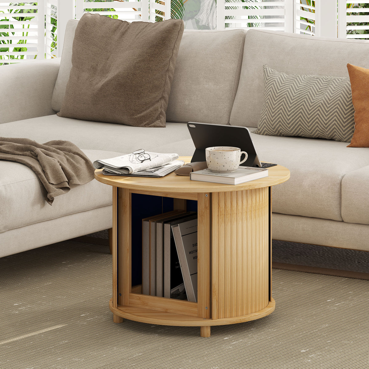 HOMCOM Beistelltisch, rund, mit Stauraum, Schiebetür, Bambus, Ф60 x 45 cm, bis 20 kg belastbar