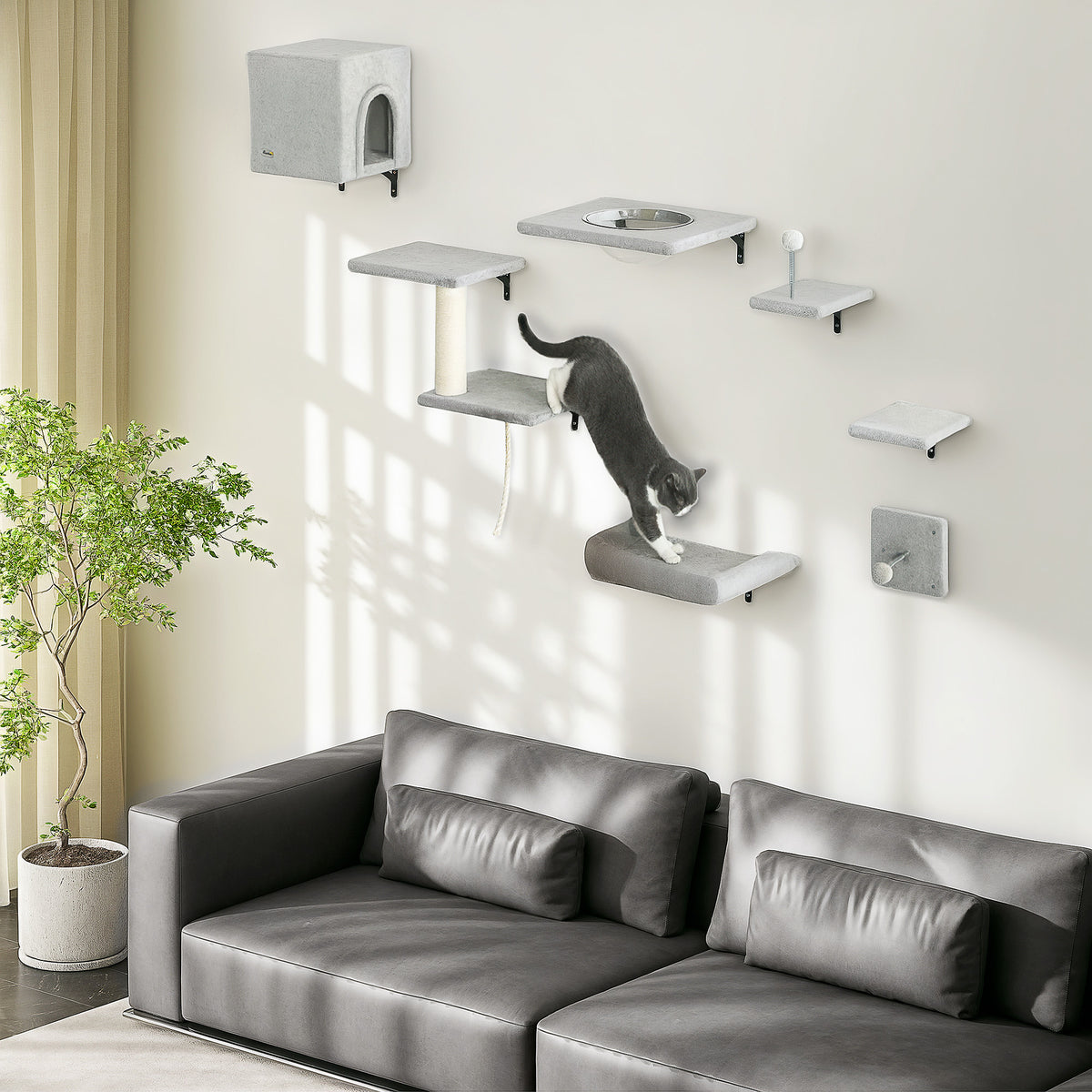 PawHut Kletterwand Katzen 7-teilig Katzen Kletterwand Set mit Katzenhaus, Plattform, Plattform Grau