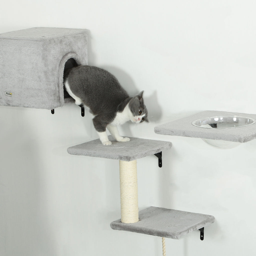PawHut Kletterwand Katzen 7-teilig Katzen Kletterwand Set mit Katzenhaus, Plattform, Plattform Grau