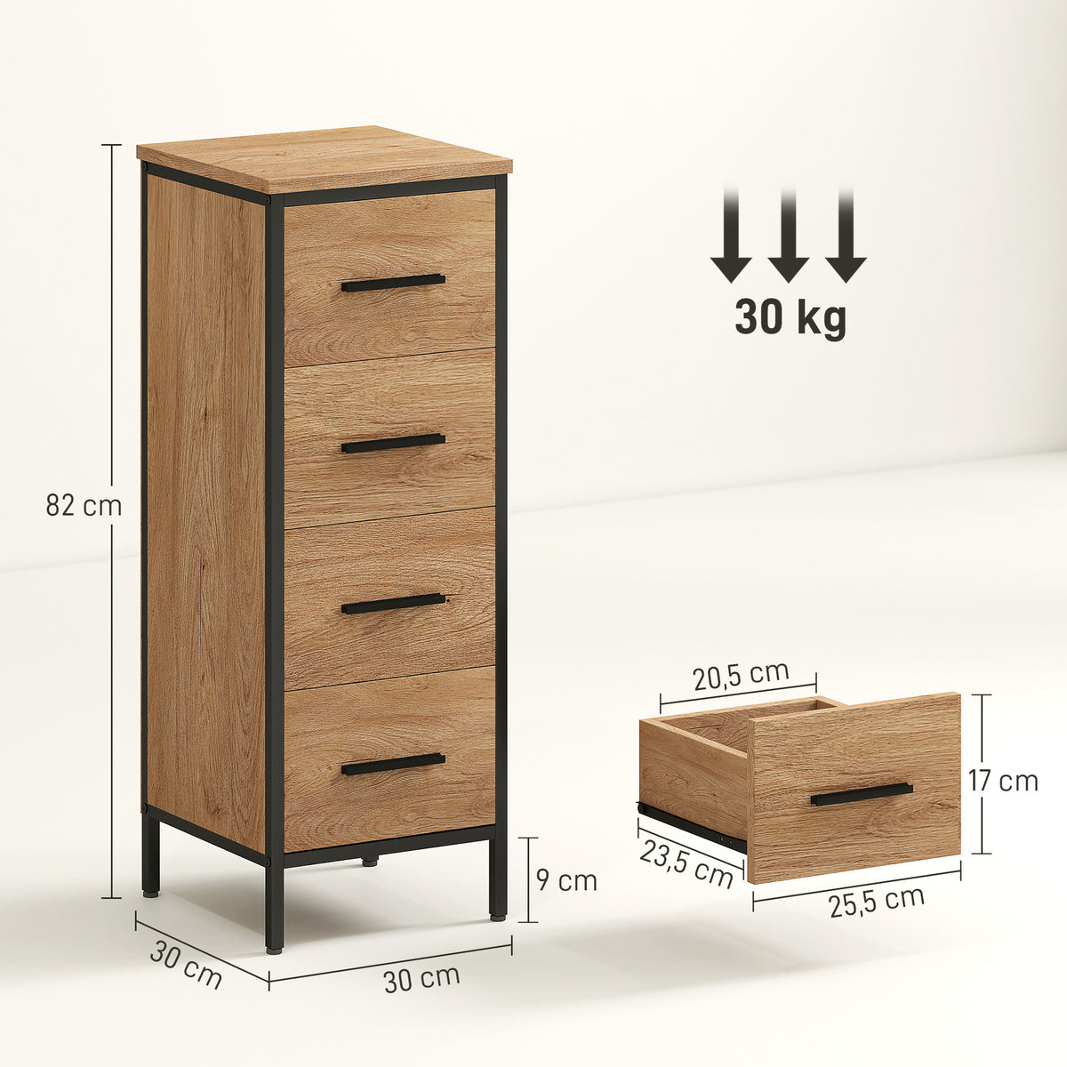 HOMCOM Schmaler Badezimmerschrank mit 4 Schubladen und Stahlstruktur, 30 x 30 x 82 cm, Eiche