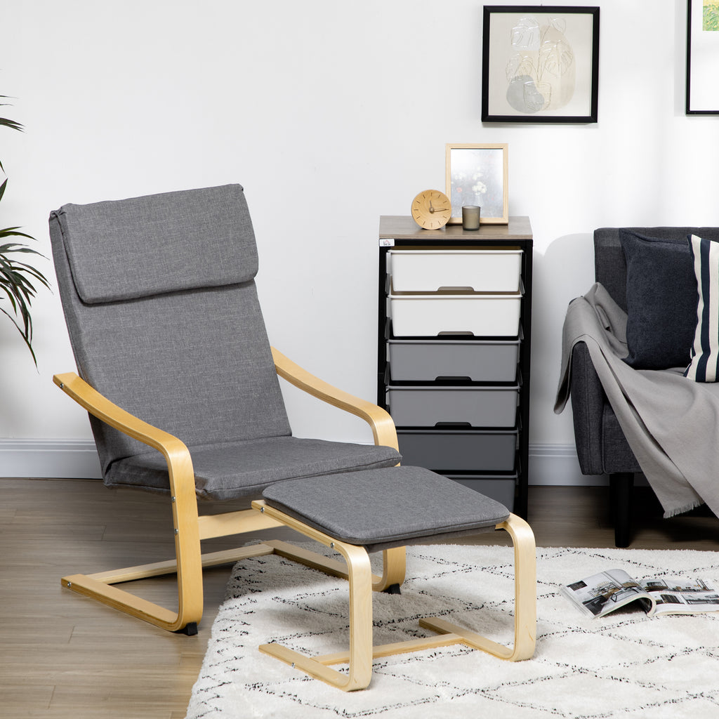 HOMCOM Sessel mit Fußhocker, Sessel-Set, bis 120 kg, Leinenoptik, Massivholz, Grau + Natur, 66,5 x 80 x 99 cm
