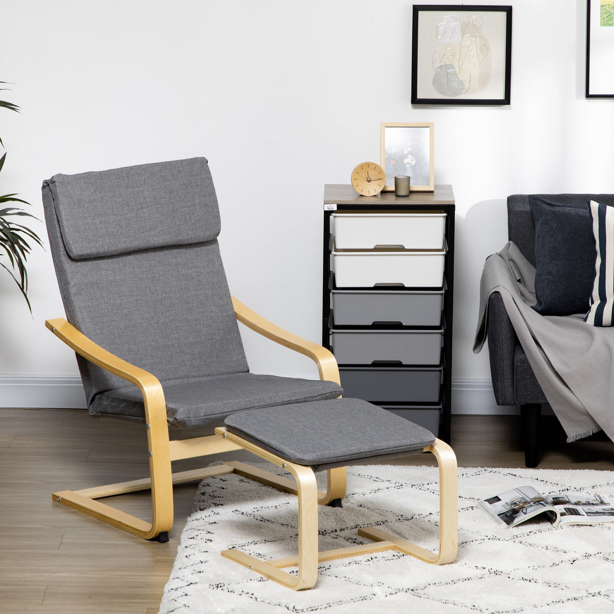 HOMCOM Sessel mit Fußhocker, Sessel-Set, bis 120 kg, Leinenoptik, Massivholz, Grau + Natur, 66,5 x 80 x 99 cm