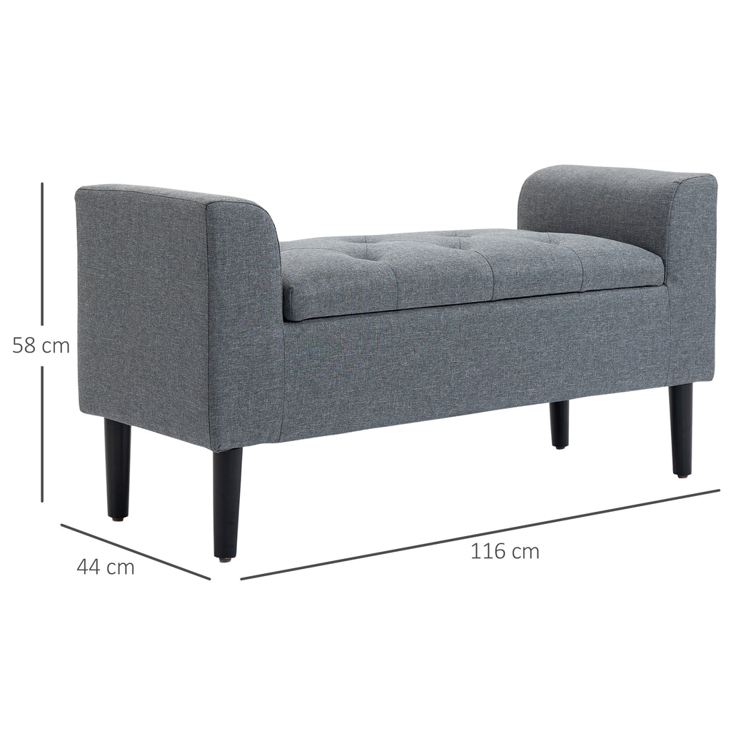 HOMCOM Sitzbank mit Stauraum, Polsterbank, belastbar bis 130 kg, Leinenoptik, Kautschukholz, 116 x 44 x 58 cm, Hellgrau