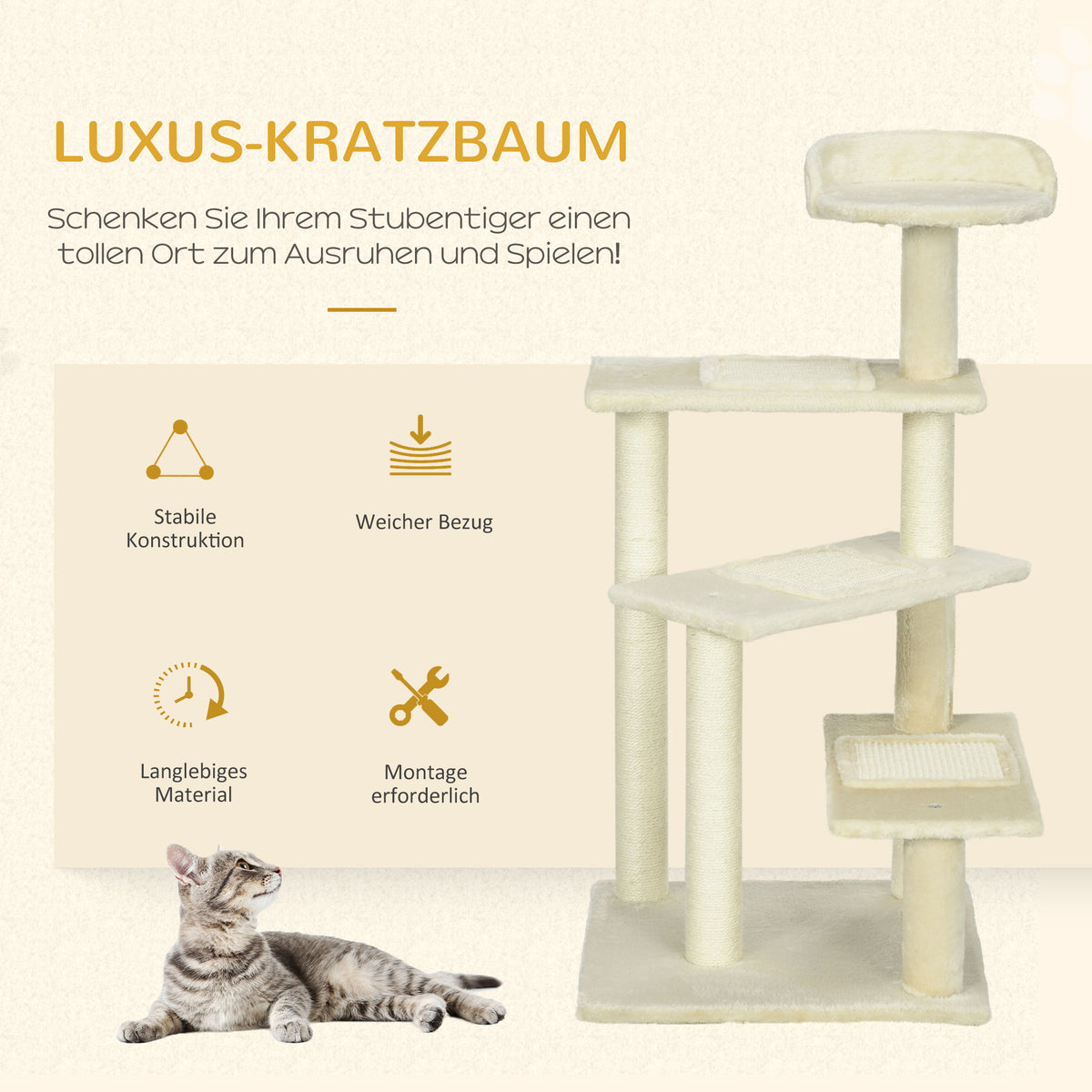 PawHut Kratzbaum 100 cm Katzenturm mit Sisalstämme, große Plattform, mehrstöckiger Katzenkratzbaum, Kletterbaum, für kleine & mittelgroße Katzen, Beige
