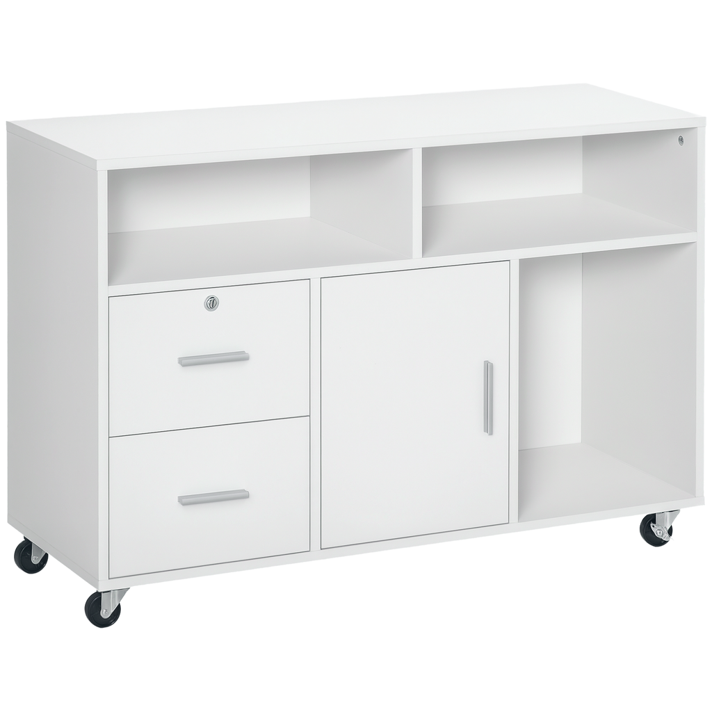 HOMCOM Bürocontainer mit Rollen, Aktenschrank, Büroschrank, Sideboard, Badezimmerschrank für Büro, Küche, Schlafzimmer, Wohnzimmer Spanplatte, Weiß, 100 x 35 x 65 cm