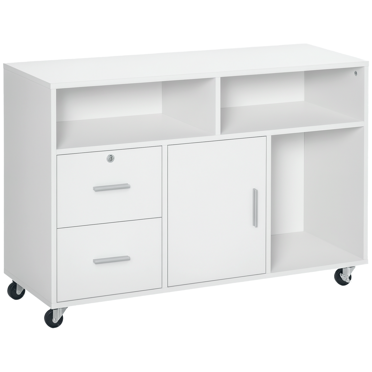 HOMCOM Bürocontainer mit Rollen, Aktenschrank, Büroschrank, Sideboard, Badezimmerschrank für Büro, Küche, Schlafzimmer, Wohnzimmer Spanplatte, Weiß, 100 x 35 x 65 cm
