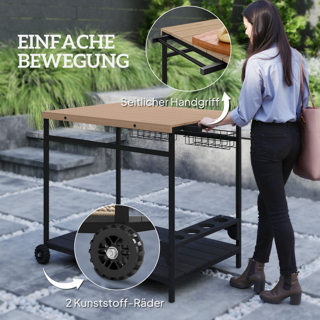 Outsunny Servierwagen, Küchenwagen, 2 Etagen, 4 Flaschenhalter, In/Outdoor, Natur/Schwarz