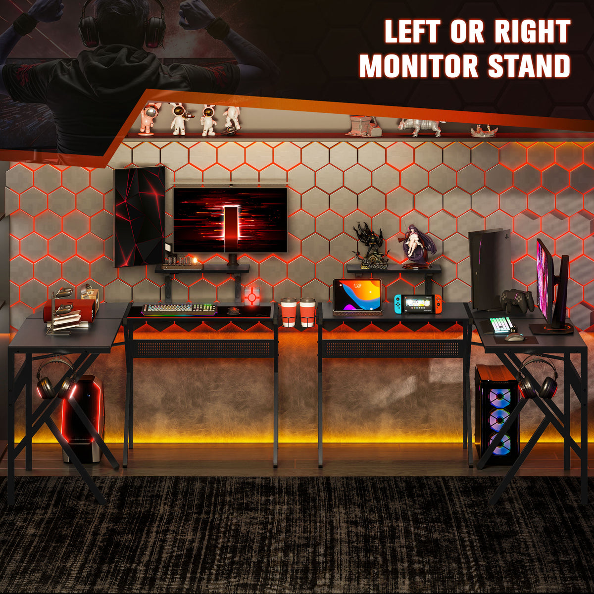 HOMCOM Gaming Schreibtisch Eckschreibtisch Gamer 125 x 125 cm in L-Form mit Kohlefaserplatte, Bildschirmhalter, Getränkehalter und Kopfhörerhaken, Schwarz