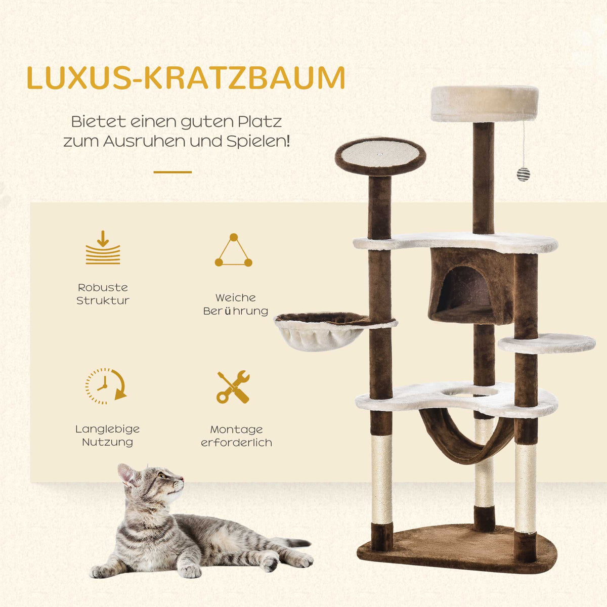 PawHut Kratzbaum mit Katzenhöhle Hängematte XXL Katzenbaum Kletterbaum Kletterbaum für Katzen Mehrstufiges Multiaktivitätszentrum Plüsch Braun 65 x 50 x 153 cm