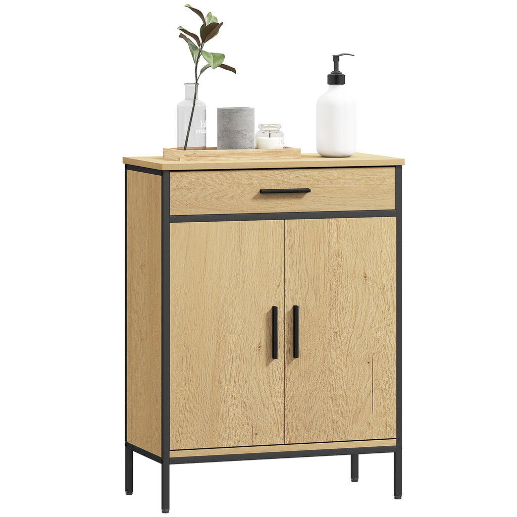 HOMCOM Badezimmerschrank mit Schublade, Zweitürenschränken, verstellbarem Regal und Soft-Close-Scharnieren, 60 x      30 x 80 cm, Eiche