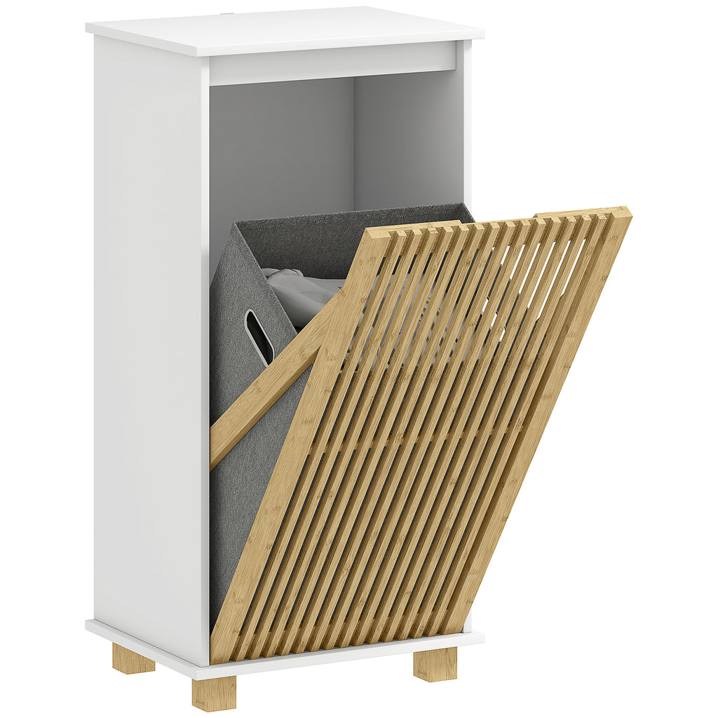 HOMCOM Badezimmerschrank mit Wäschekorb, lamellenförmige Bambustür und abnehmbarem Beutel, weiß und Naturholzeffekt