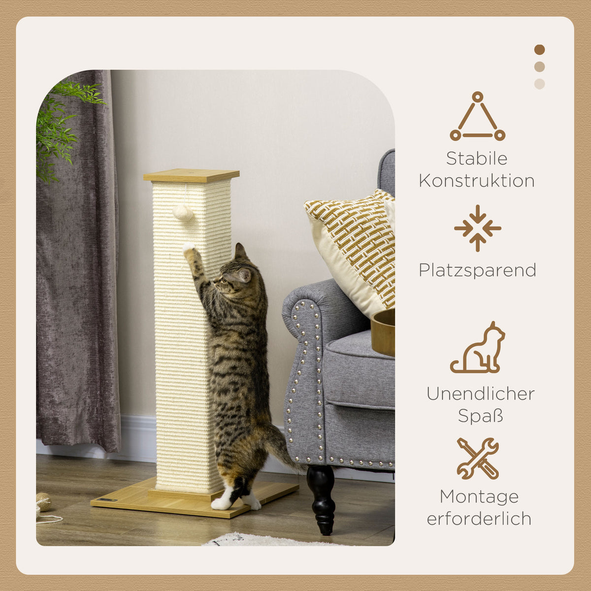 PawHut Kratzbaum inkl. Spielzeug, 38 cm x 38 cm x 80 cm, Beige + Natur