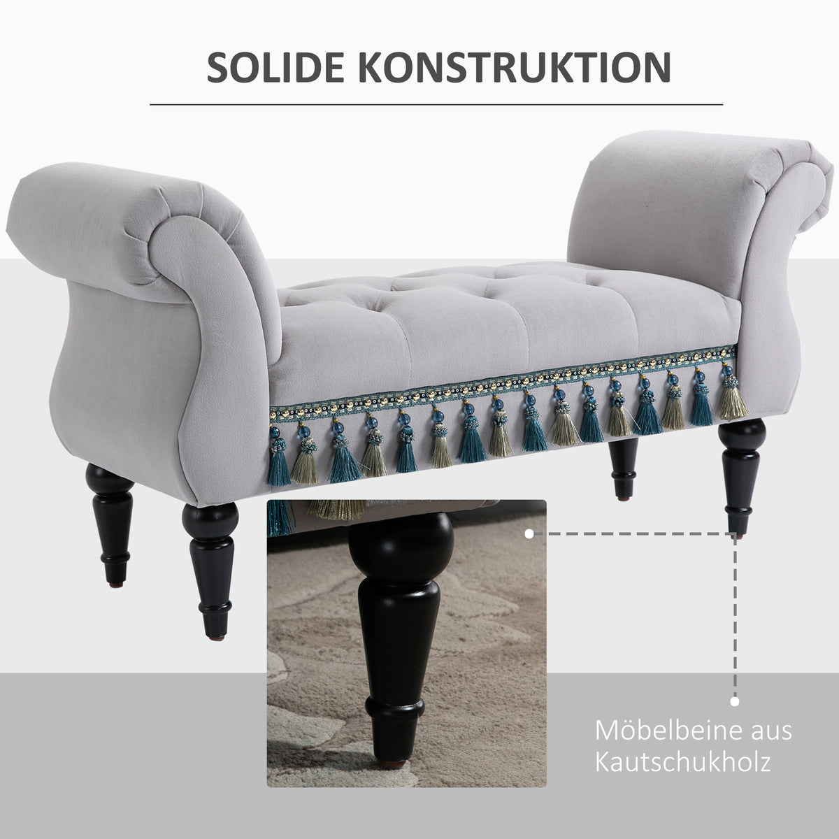 HOMCOM Sitzbank Polsterbank, Samtoptik, Luxus Bettbank mit Holzbeine, Flurbank für Schlafzimmer, bis 150 kg Belastbar, Hellgrau, 117 x 40 x 58 cm