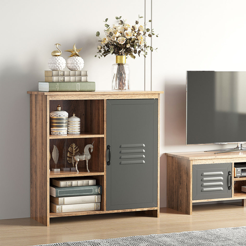 HOMCOM Mehrzweckschrank mit Regalen und Schrank aus Holz mit Metalltür, Möbel für Wohnzimmer und Küche, 80x35x82cm, Braun Grau