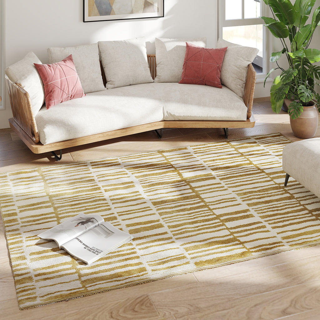 HOMCOM Teppich Wohnzimmer 200 x 140 cm Kurzflor maschinenwaschbar hypoallergen für Wohnzimmer, Schlafzimmer, Büro, Gelb