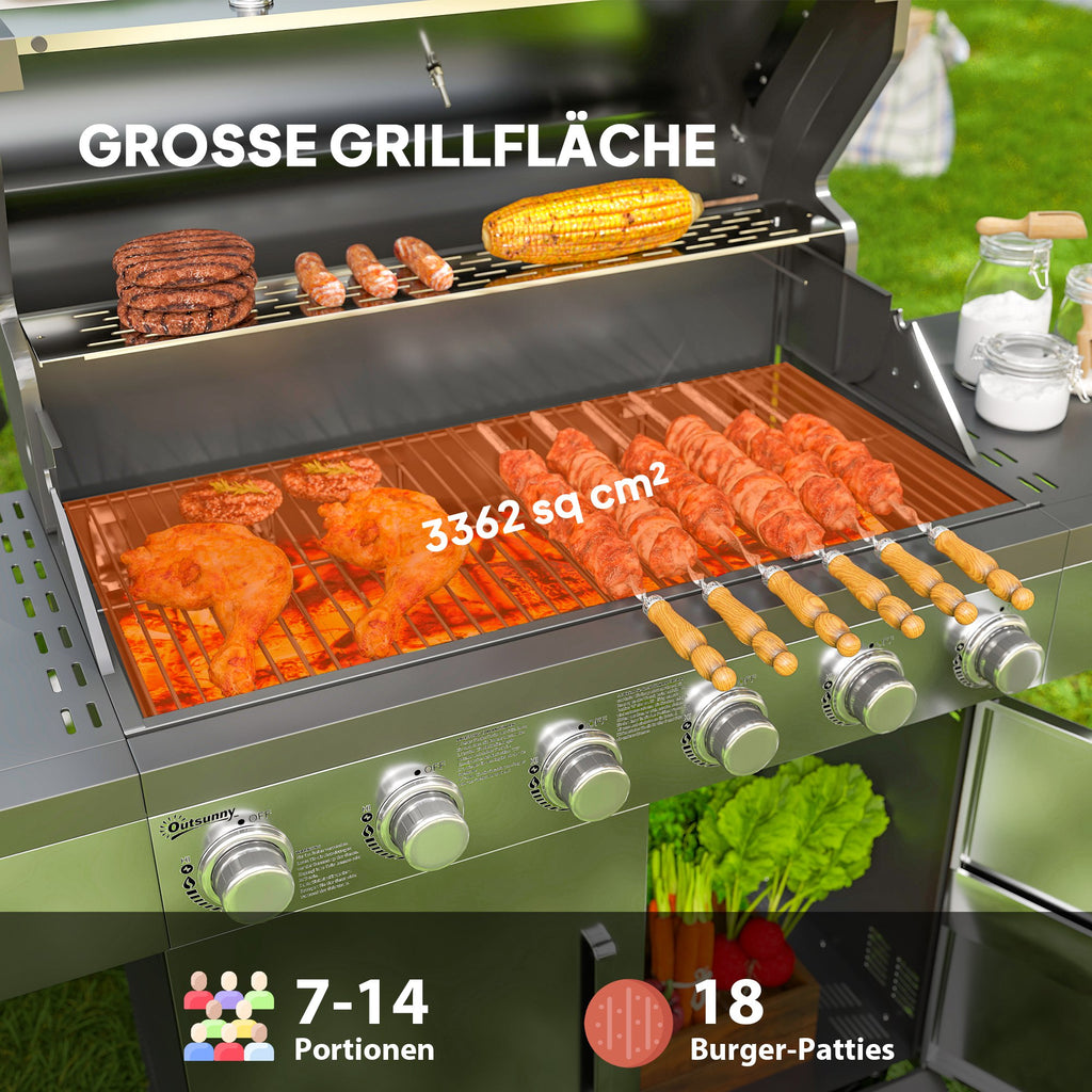 Outsunny Gasgrill 8500BTU Grillwagen inkl 6 Edelstahl-Brenner Thermometer Druckminderer 141 x 55 x 110 cm Silber