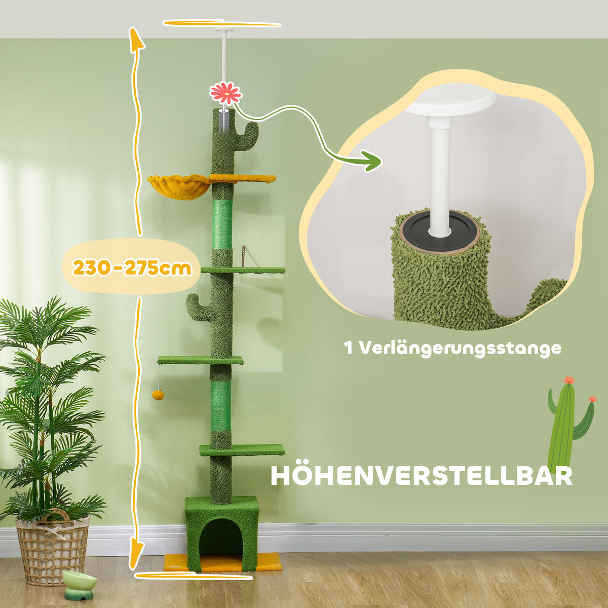PawHut Höhenverstellbarer Kratzbaum 230-275 cm, platzsparend, Spielzentrum mit Hängematte, Grün