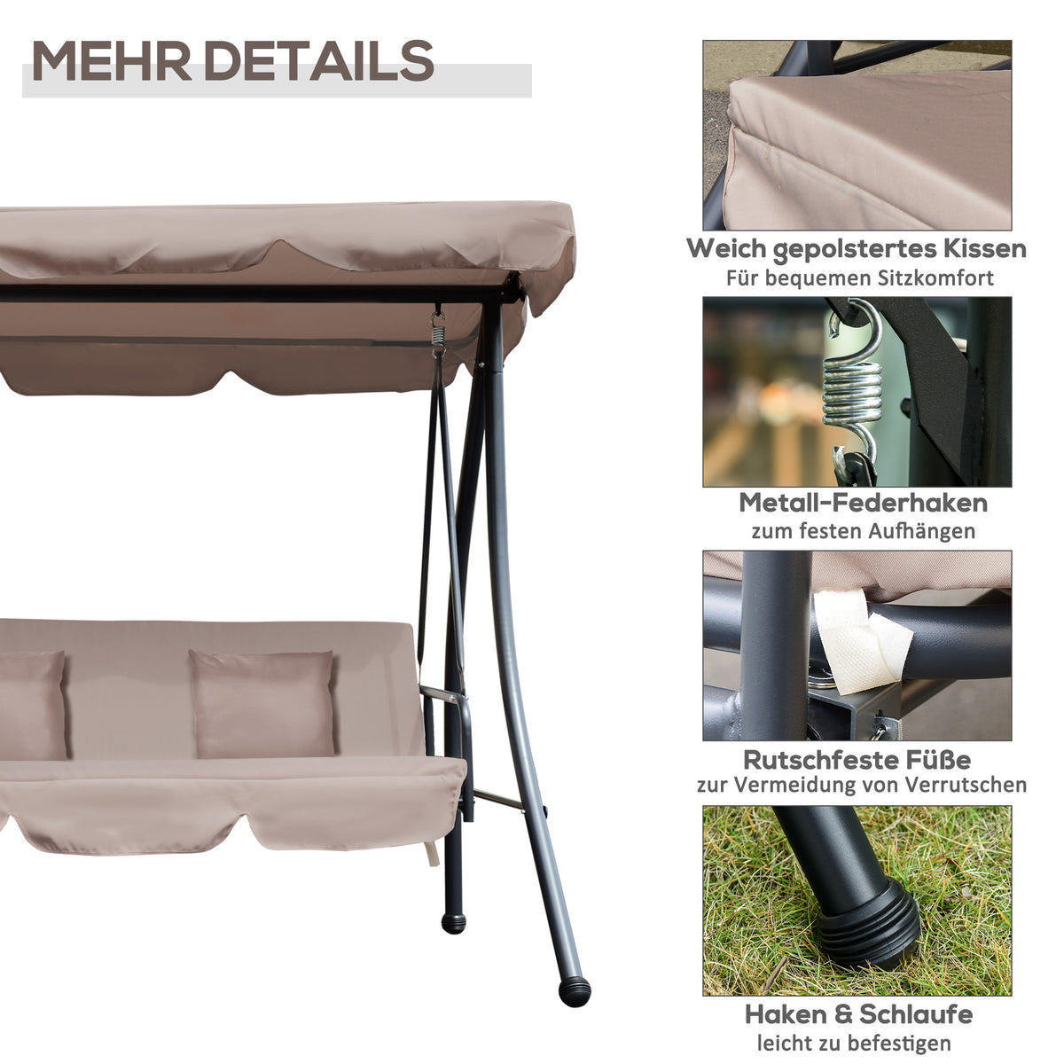 Outsunny Hollywoodschaukel mit Liegefunktion Braun 200x 125 x 170 cm