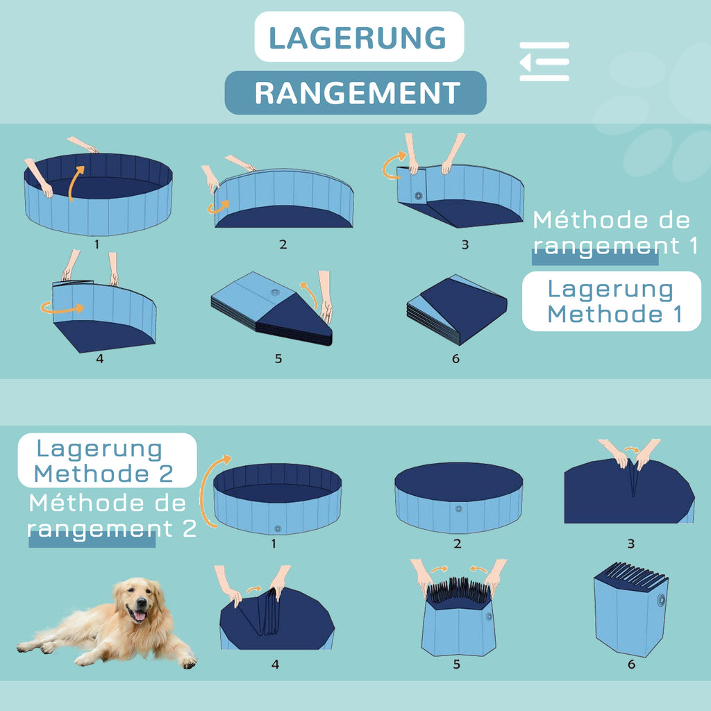 PawHut Hundebadewanne faltbar Badewanne Hundepool Plantschbecken Swimmingpool Wasserbecken für Hunde und Katzen Schwimmbecken Kunststoff+Holz Blau Ø120 x H30 cm