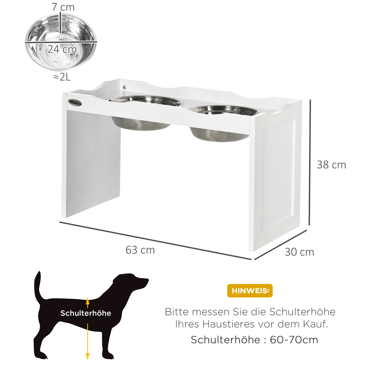 PawHut Futterstation, Napfständer, 2 Fressnäpfe je 2 Liter, Edelstahl, für große Hunde, weiß, 63 x 30 x 24cm
