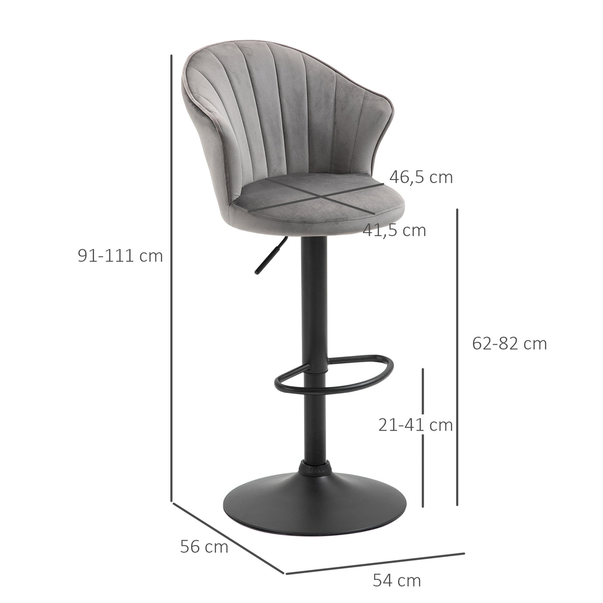 HOMCOM 2er-Set Barhocker drehbare Barstühle mit Lehne Samt Touch Bistrohocker höhenverstellbarer Tresenhocker armloser Schaumstoff Grau 54 x 56 x 91-111 cm