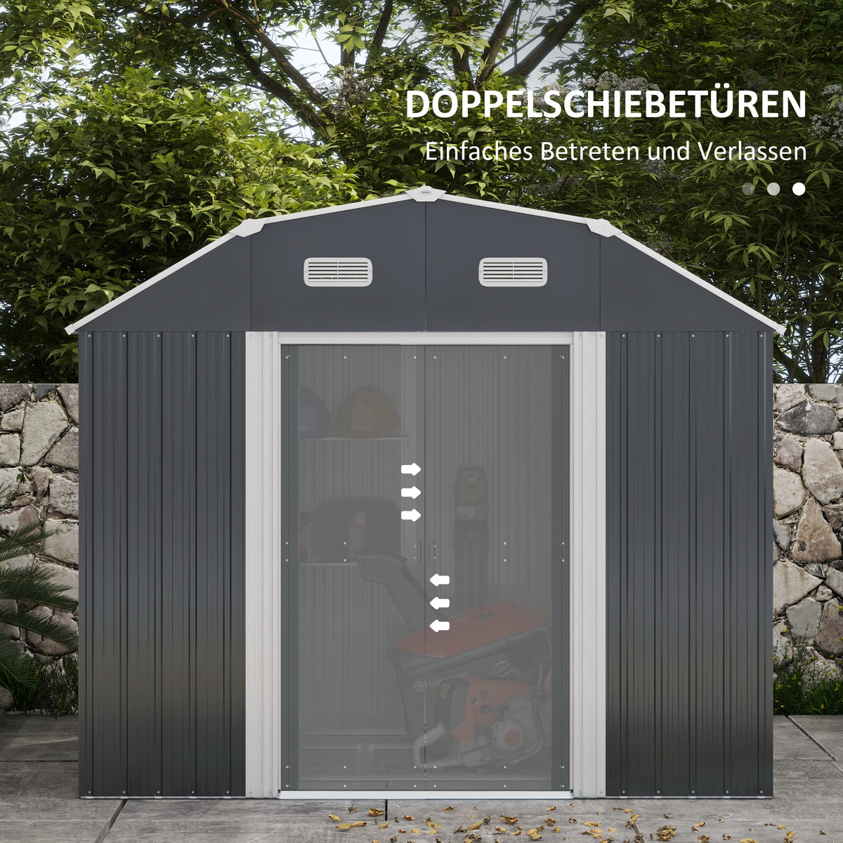 Outsunny Gartenhaus Geräteschuppen Gartenschuppen, wetterbeständig, 2 Fenster, 2 Türen, 238 x 132 x 198,5 cm, Dunkelgrau