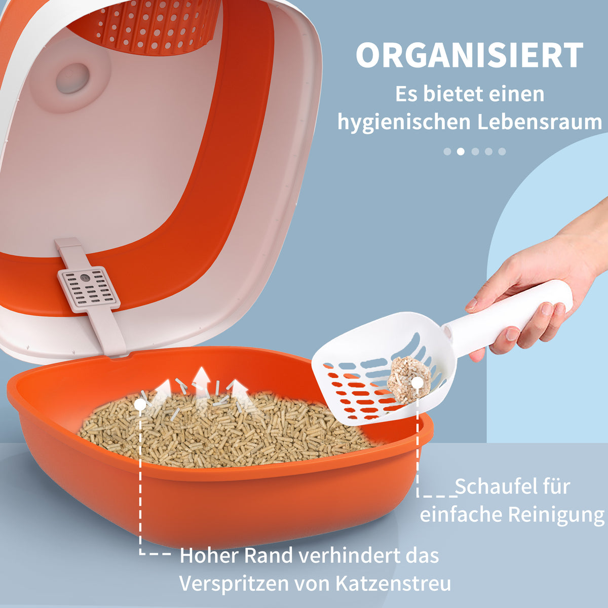 PawHut Katzentoilette, mit Deckel und Streuschaufel, für Katzen bis 5 kg, 52x41x38 cm, Weiß/Orange